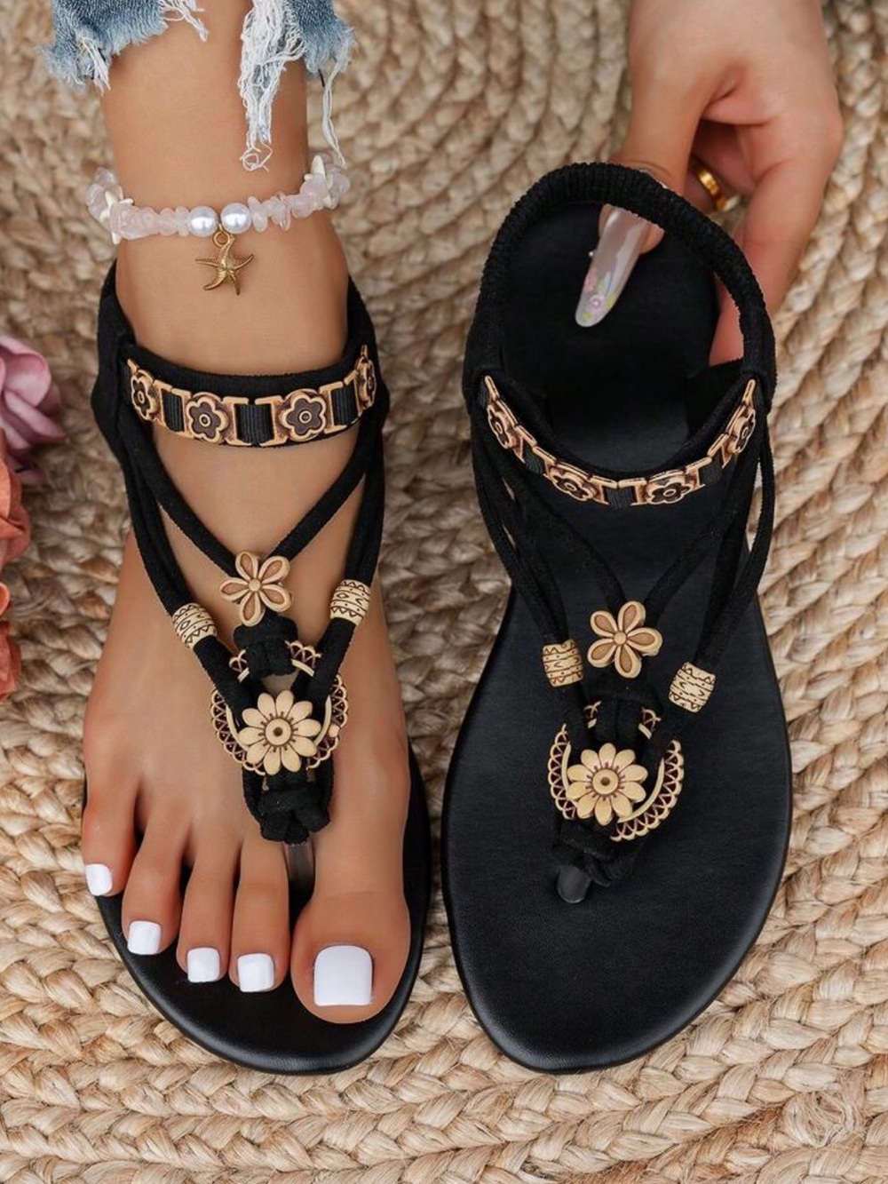 Ovelo Black Boho Flat Sandals | Floral T-Strap Beach Comfort Sandals